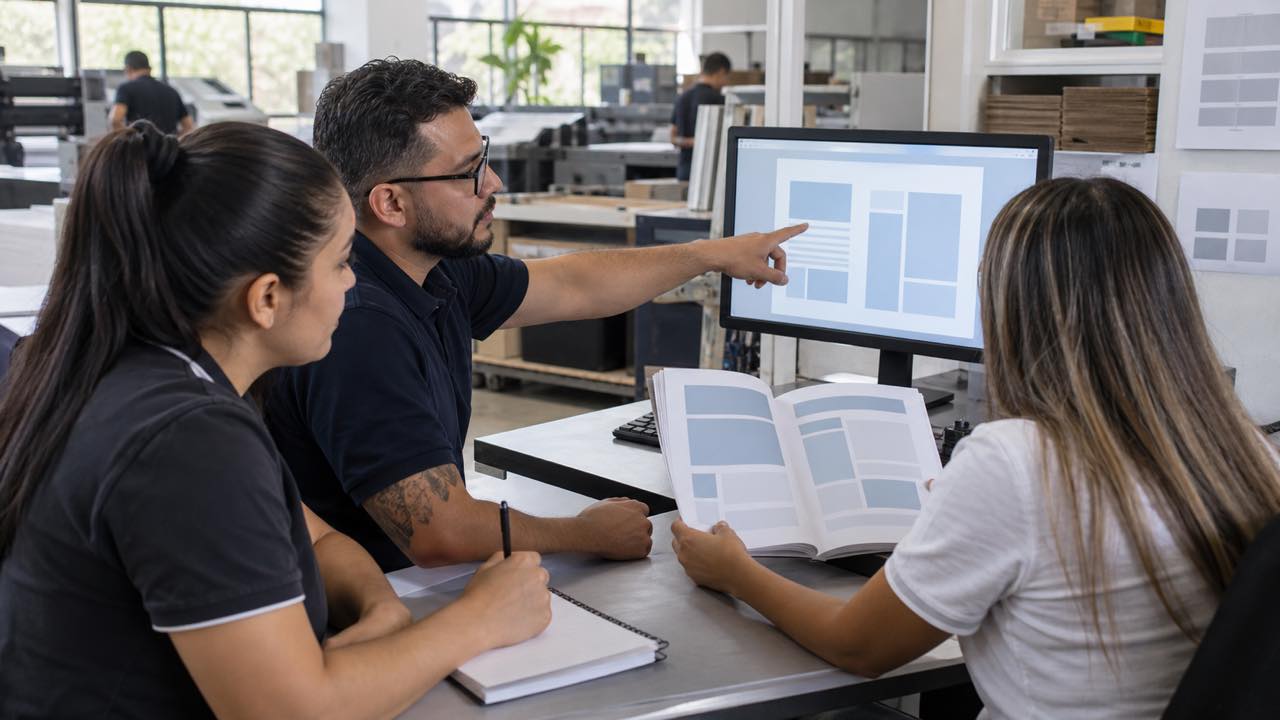 Team comparing an updated manual page with a digital document