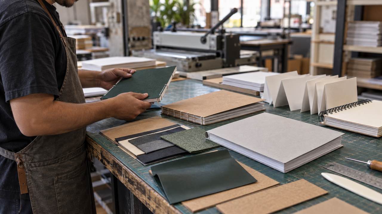 Binding samples beside a finished manual on a production table