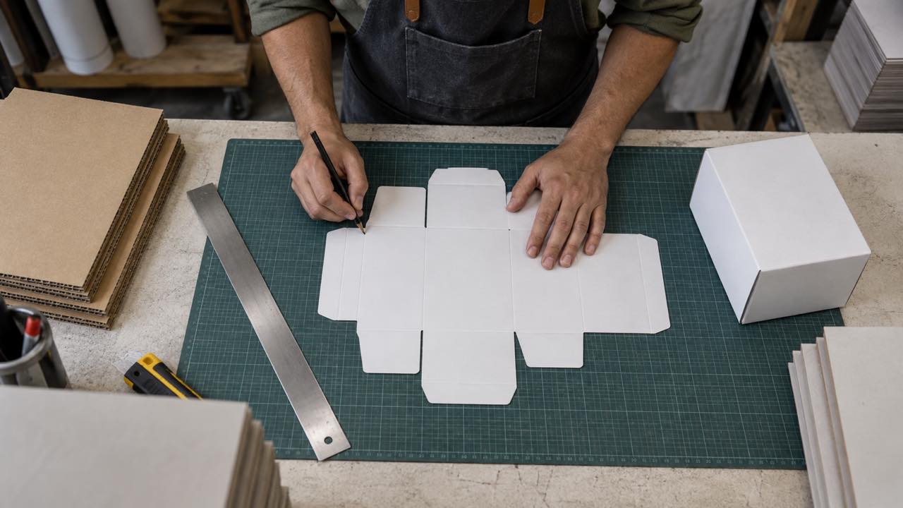 Paperboard sample, die-cut plan and assembled folding carton