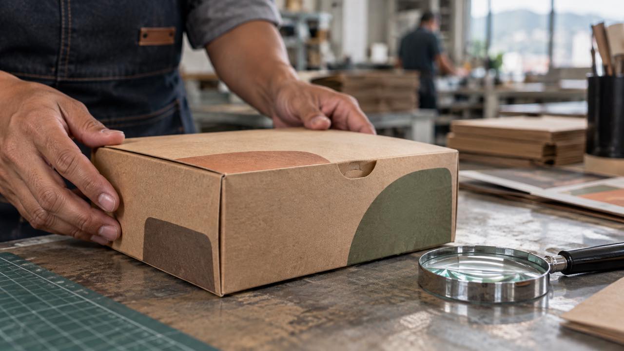 Generic food carton with information areas and a magnifying glass