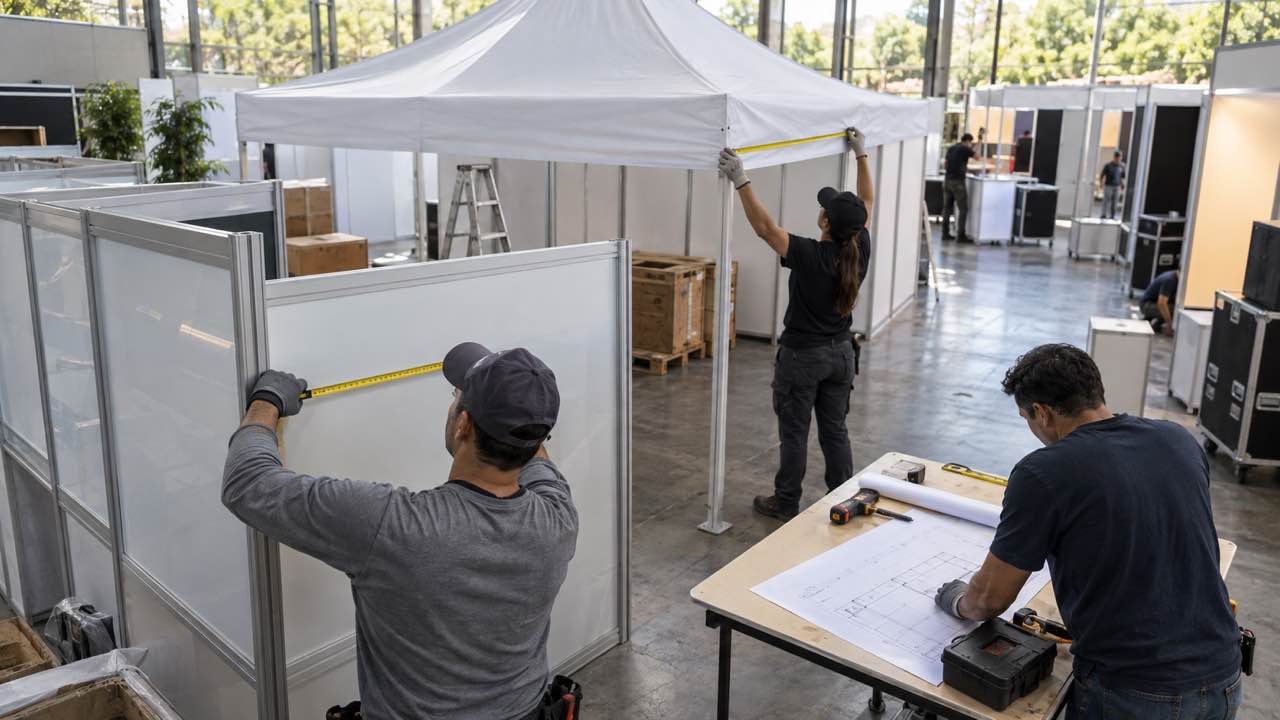 Crew measures a tent and display modules during setup