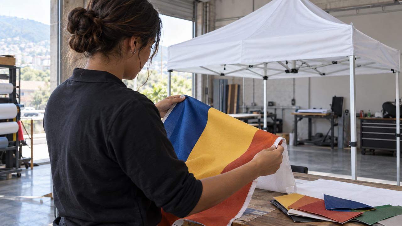 Technician reviews a printed fabric sample beside a folding tent