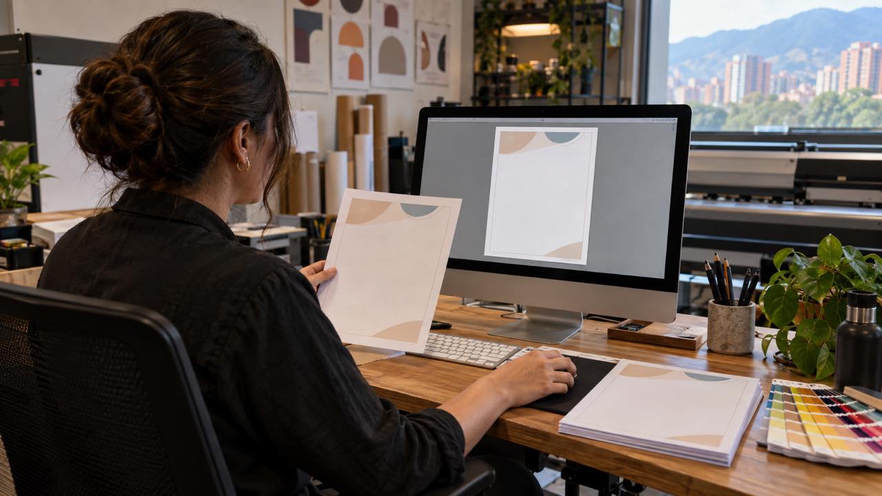 Designer compares a letter template with a printed sample