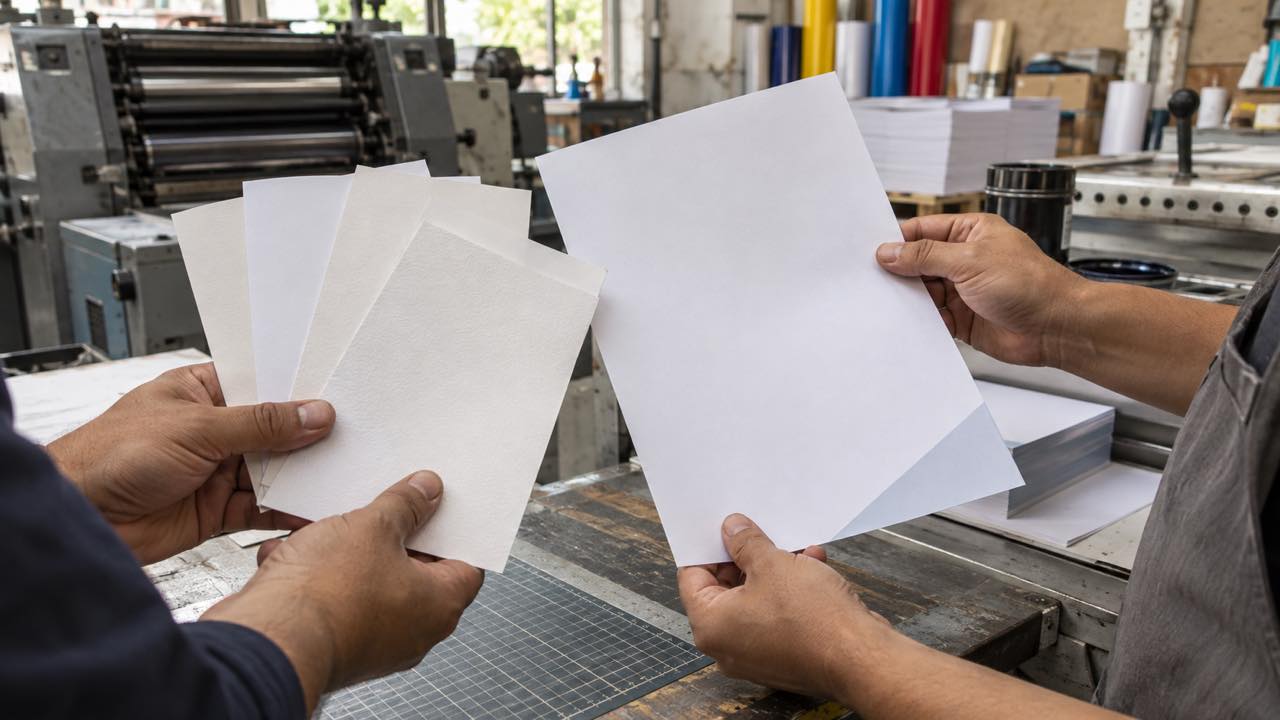 Paper samples of different weights beside a corporate sheet