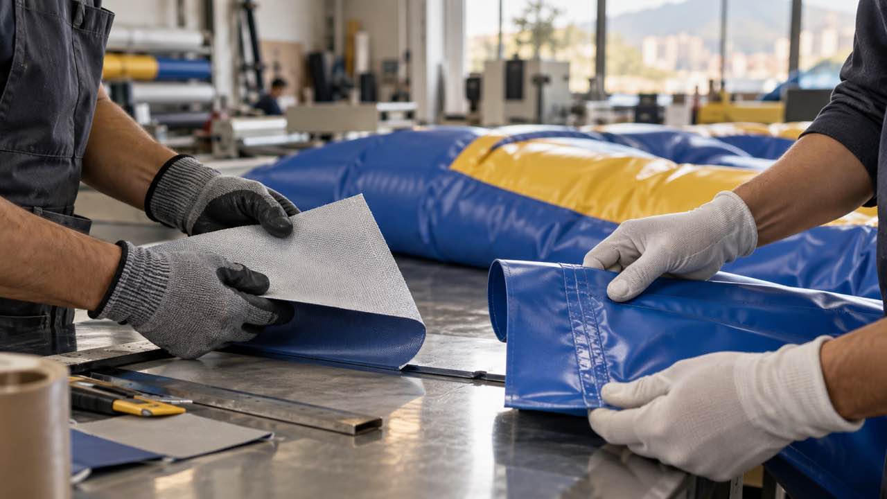 Hands inspect a fabric sample and heat-sealed joint for an advertising inflatable.