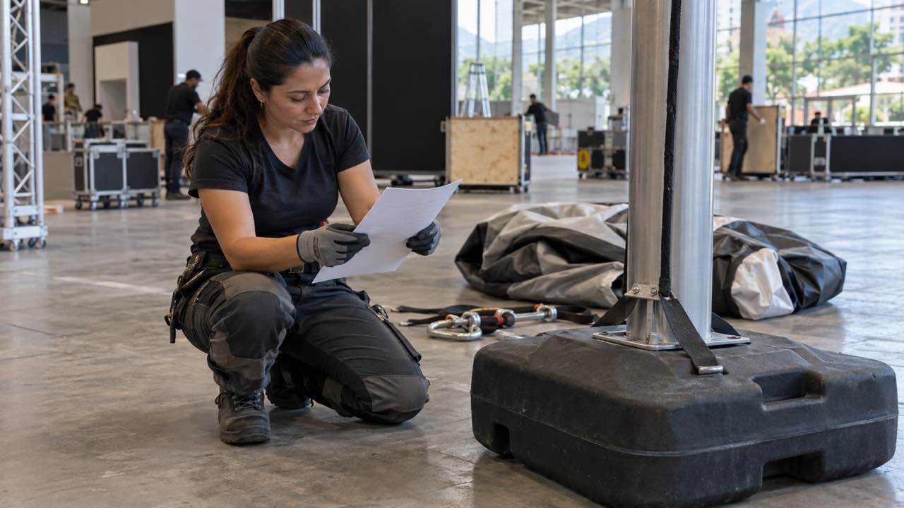 A technician checks ballast and anchors before installing an inflatable dummy.