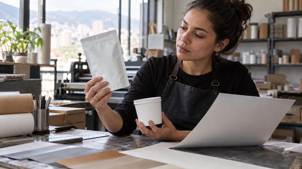 Designer reviewing packaging samples for coffee and desserts