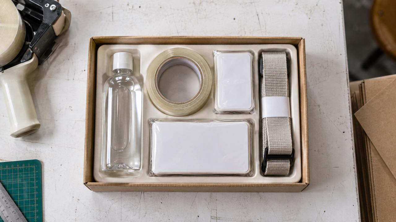 Label, tape and strap beside a container and tray