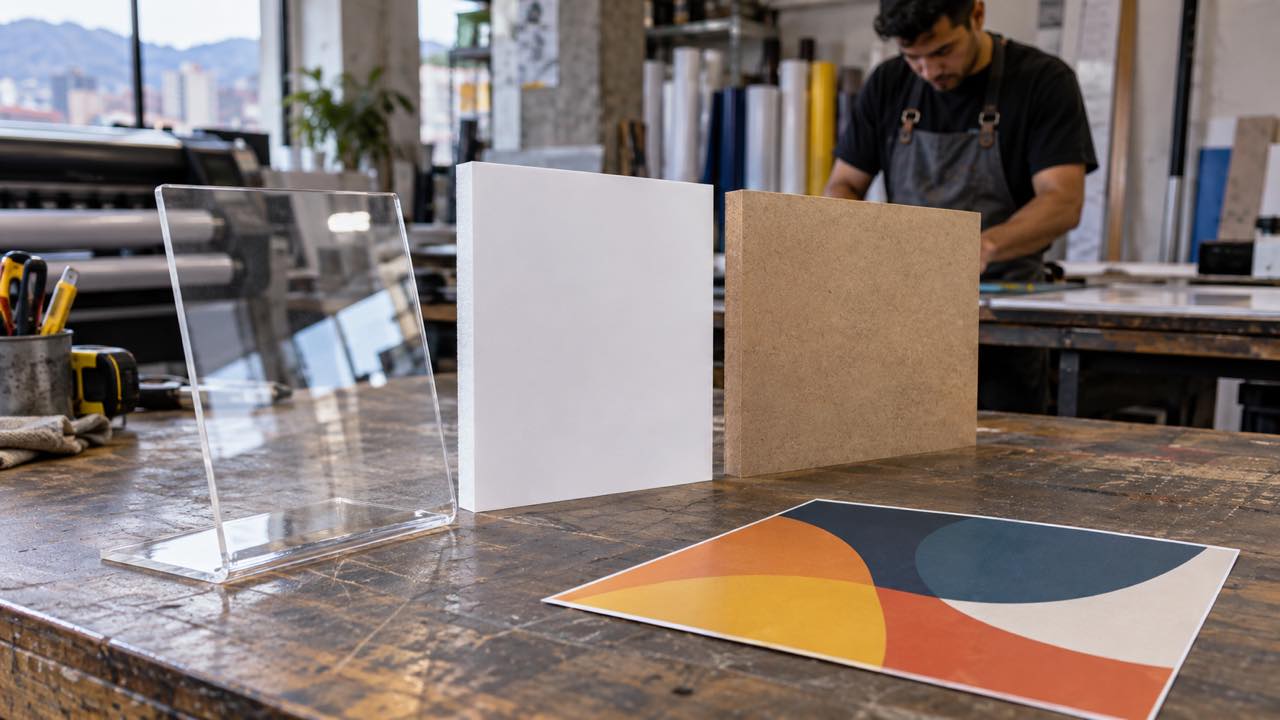 Acrylic, polystyrene, and fiber board samples for retail displays