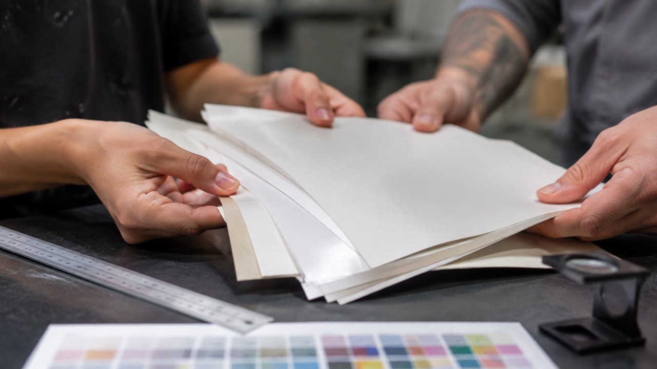 Manos comparan muestras de papel con diferentes texturas y acabados