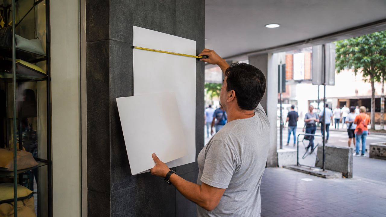 Técnico mide un espacio bajo techo antes de instalar un afiche