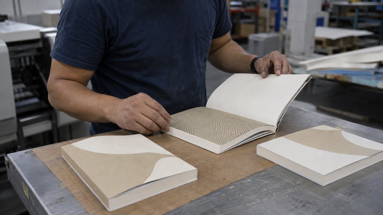 Persona revisando encuadernación, alineación y cubierta de varios libros impresos
