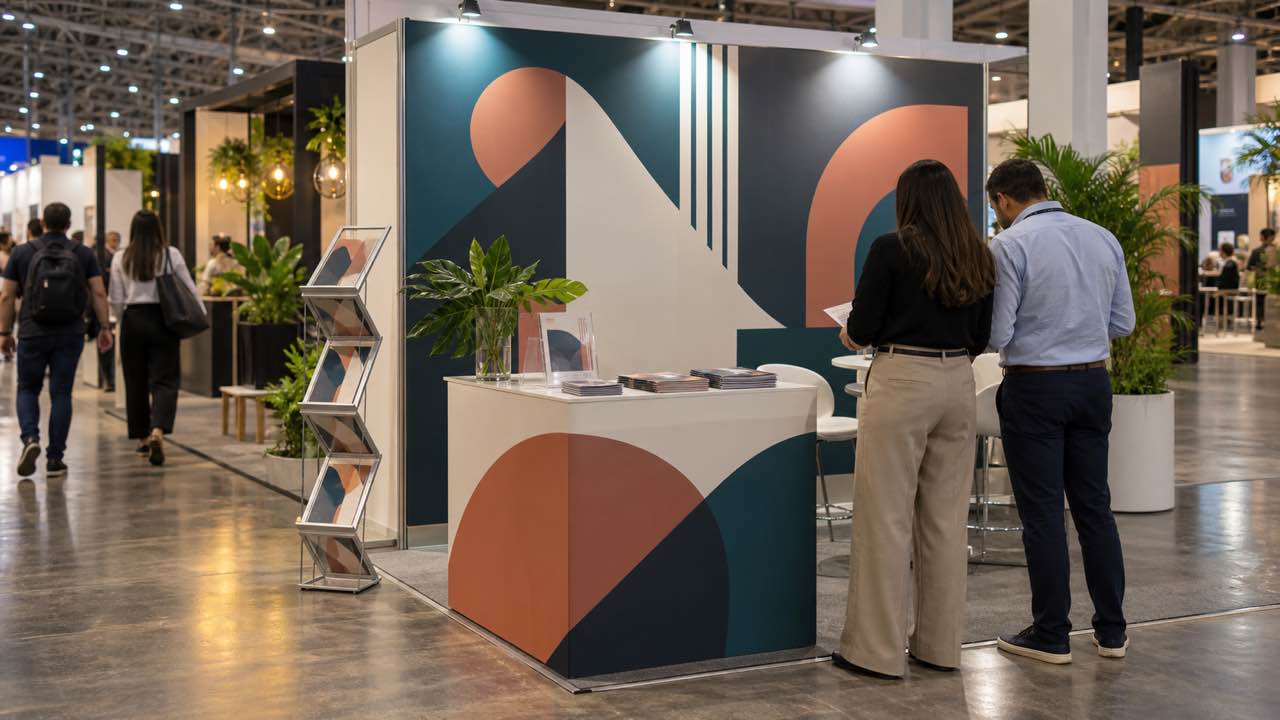 Stand de feria con panel gráfico grande y folletos impresos coordinados
