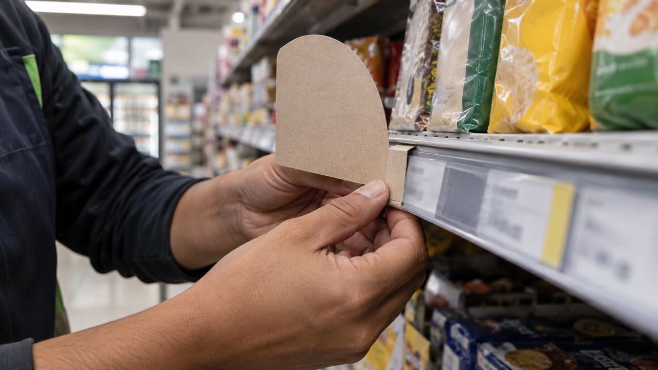 Instalación de un stopper de cartón en el borde de una góndola