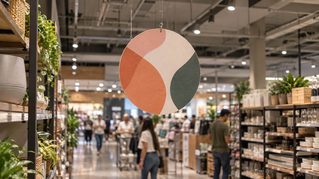 Stopper colgante sobre un pasillo interior de tienda