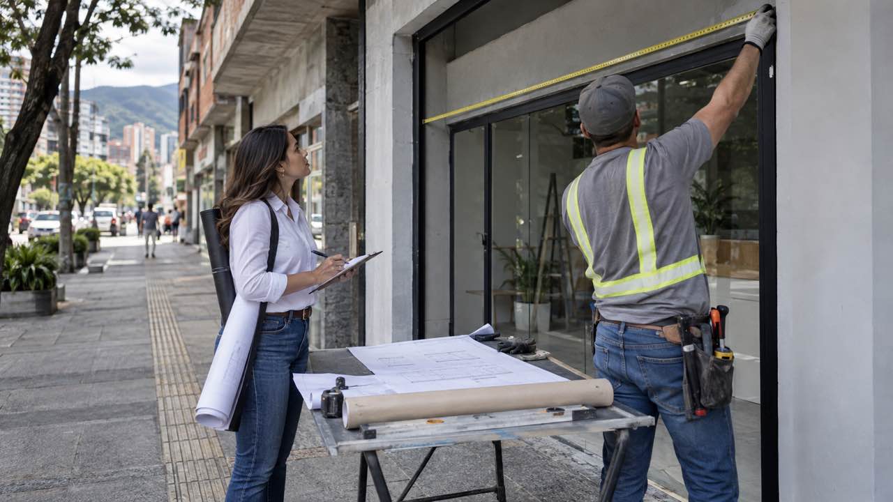 Team measuring a storefront facade before installing a sign