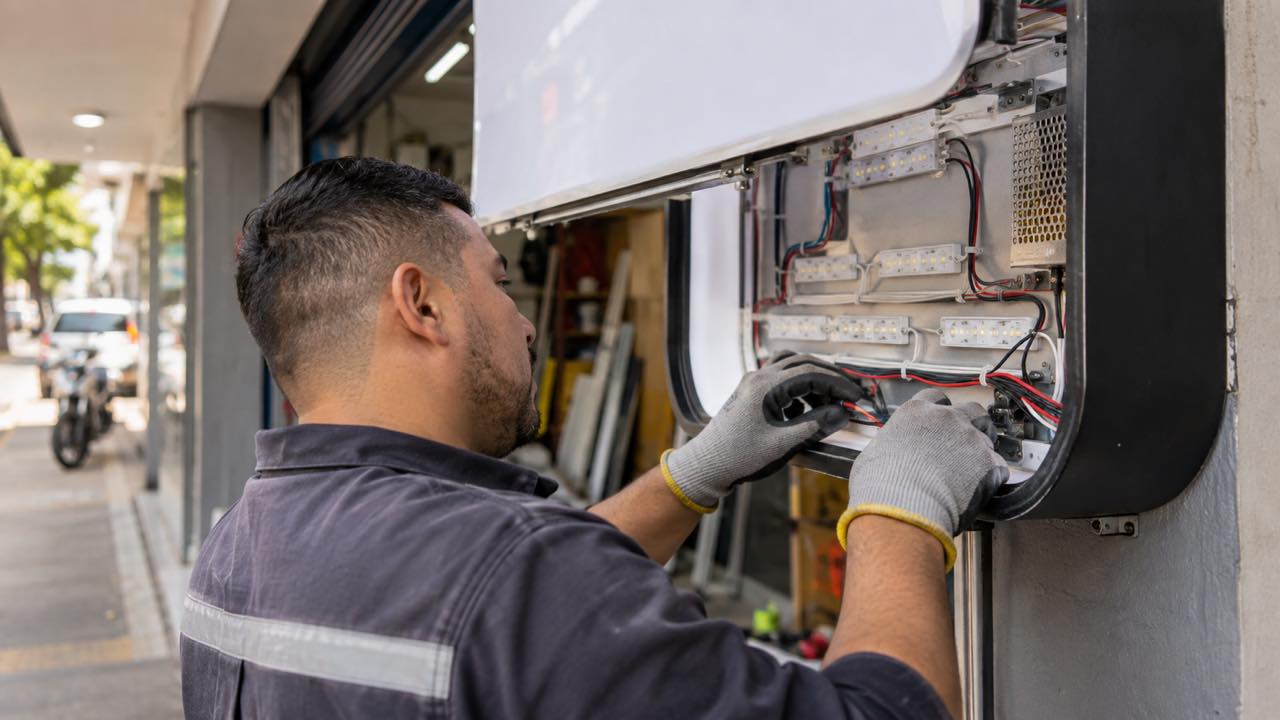 Electrician checking connections inside an illuminated sign
