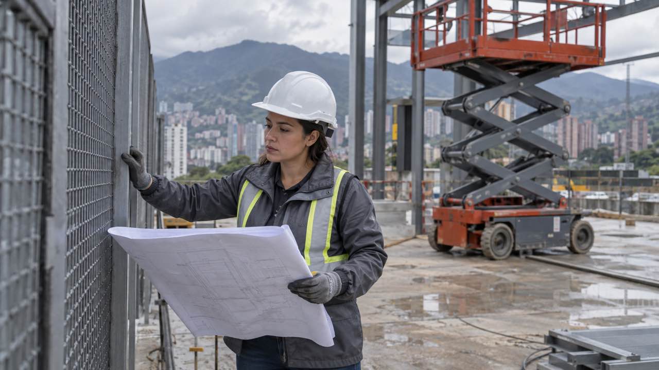 Supervisor checks a metal billboard structure before installation