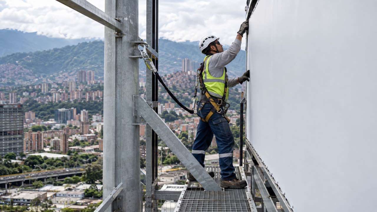 Harnessed technician adjusts a panel on an outdoor advertising structure