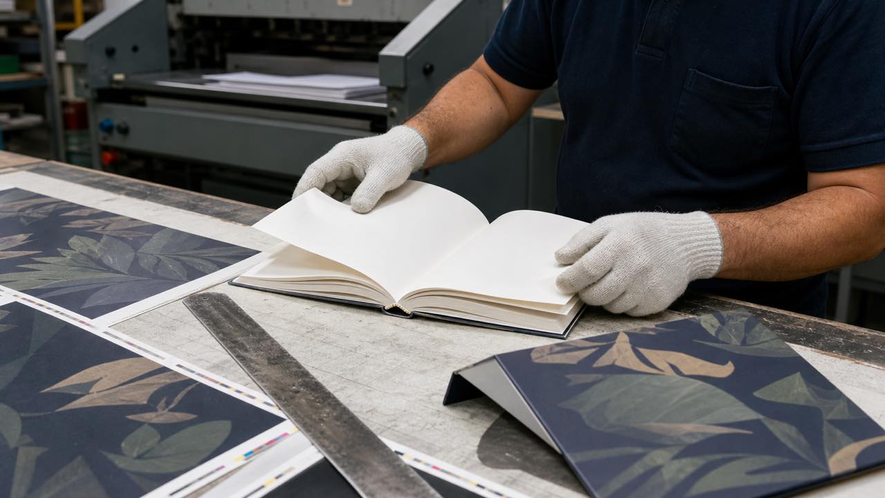 Persona revisando la apertura y el lomo de una maqueta impresa de libro