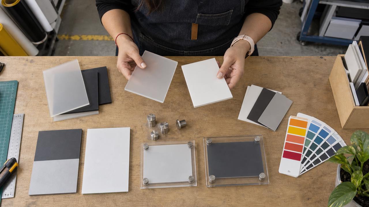 Acrylic and PVC sign samples with inserts and mounting systems