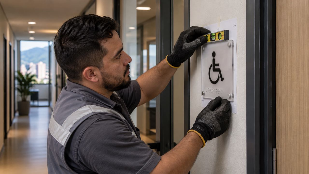 Technician aligns a tactile sign beside an office door frame