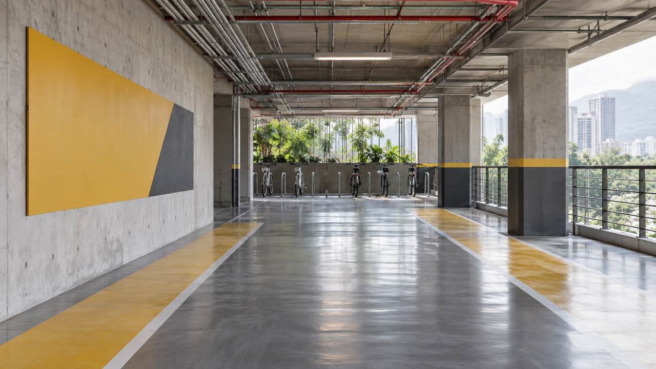 Traffic arrows and a directional sign inside a parking facility