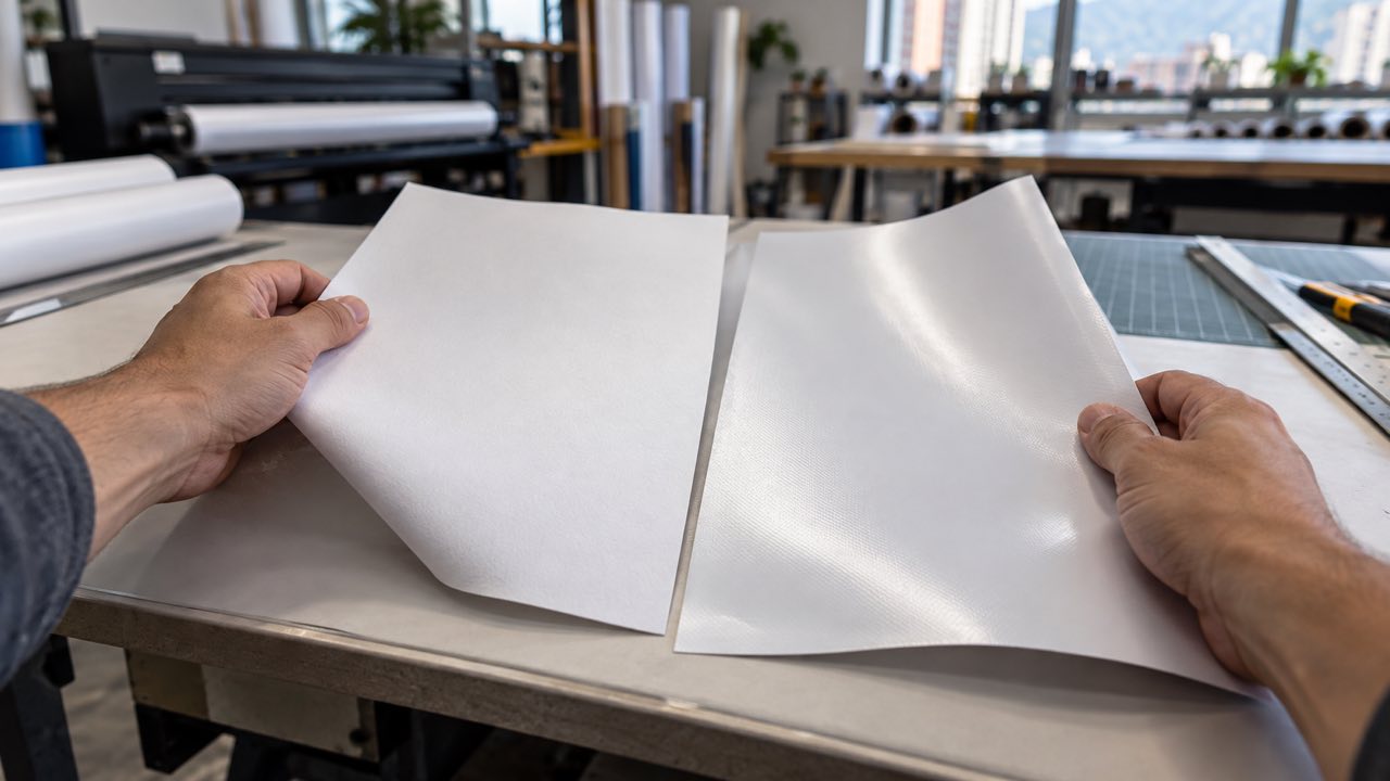 Poster material samples compared on a worktable