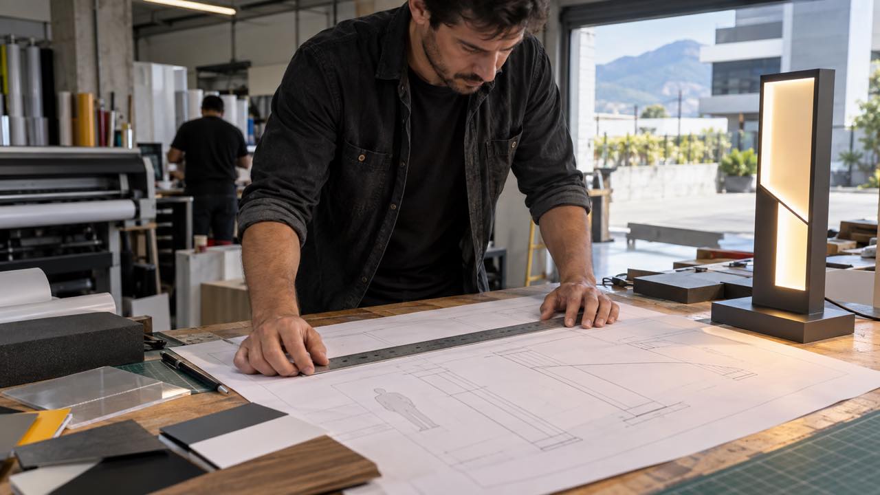 Designer reviews an exterior totem plan with a lighting sample