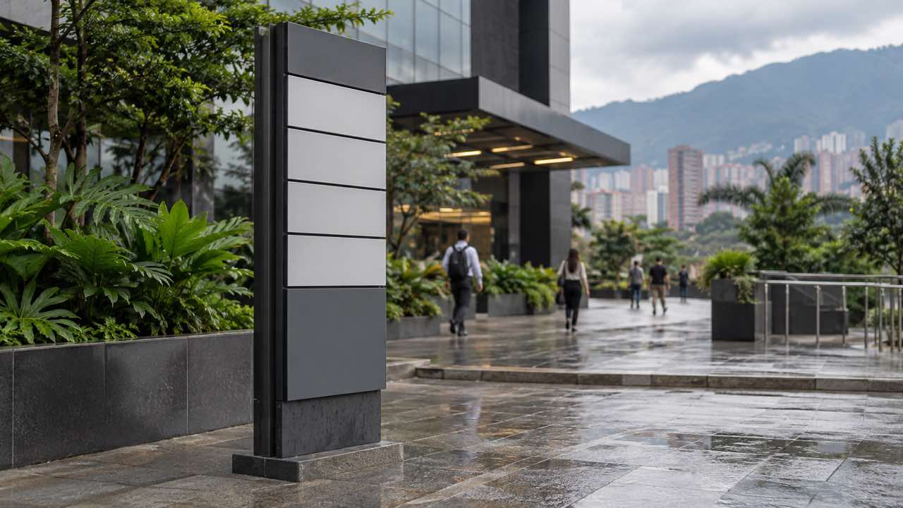 Static exterior directional totem at an urban complex entrance