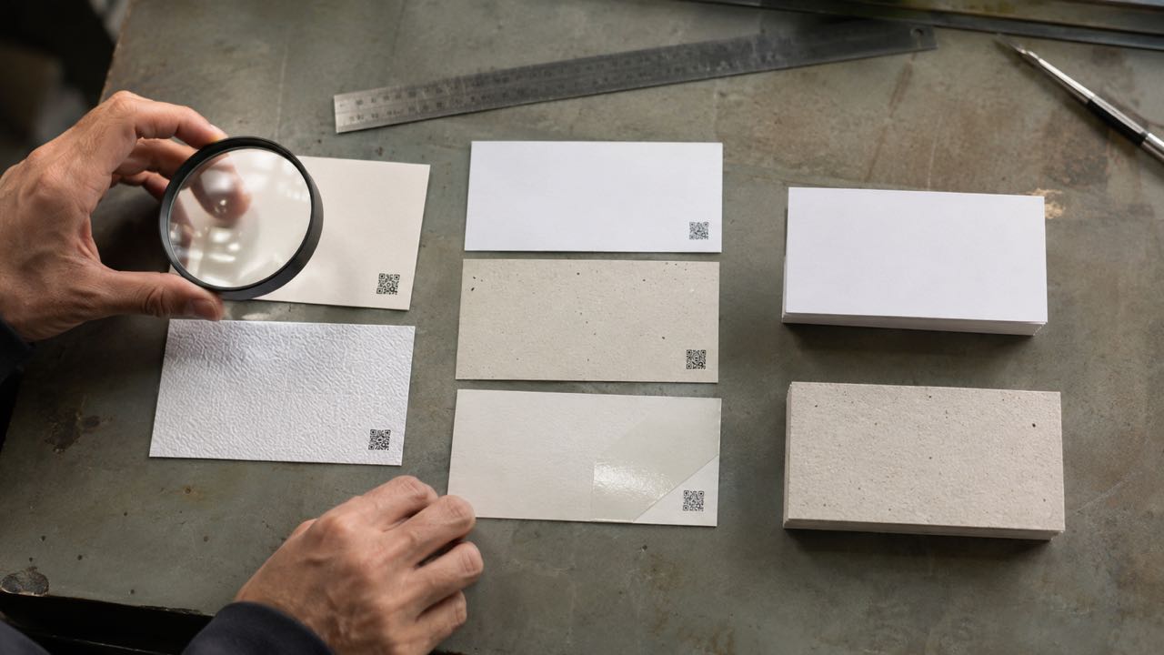 Muestras de tarjetas en varios papeles y acabados sobre una mesa de producción