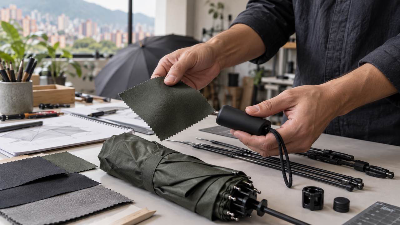Hands compare umbrella fabric, handle, and unbranded components on a table
